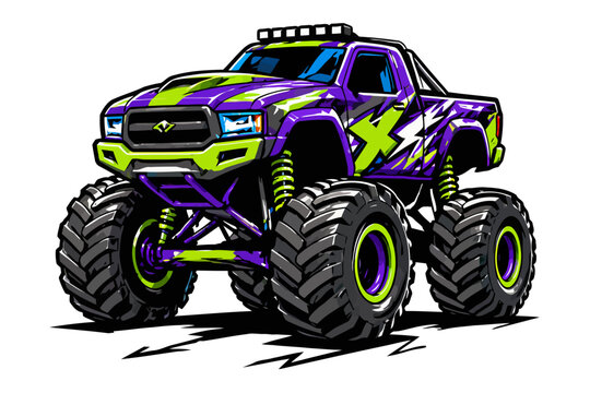 Neon Graffiti Monster Truck with oversized wheels in bold vector Street Art style
