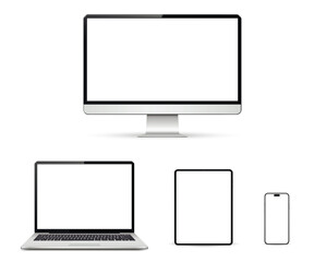 Fototapeta premium Computer monitor, laptop, tablet, smartphone mockup isolated