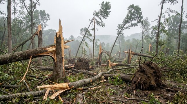 Torn trees and downed logs after derecho storm damage in forest  