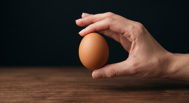 Close up of a hand gently holding a single organic brown egg