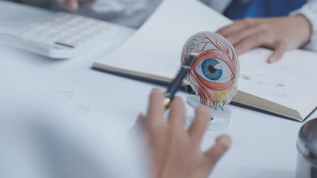 Doctors discuss eye health using an anatomical eye model during a medical consultation, reviewing documents and explaining details on a desk.