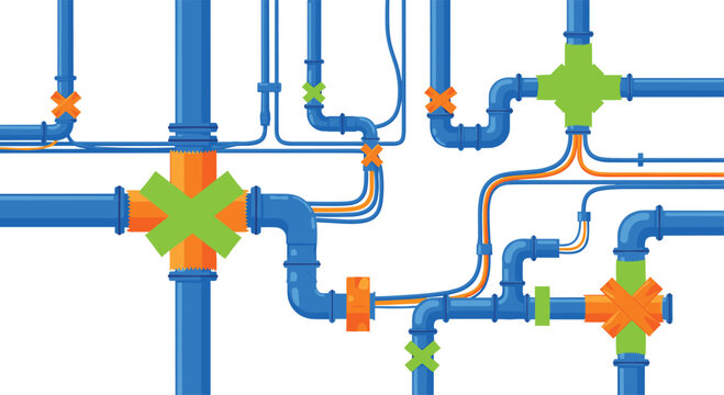 Intricate network of blue industrial plumbing pipes with orange junction fittings and vibrant green adhesive tape markers isolated on a bright white background environment.