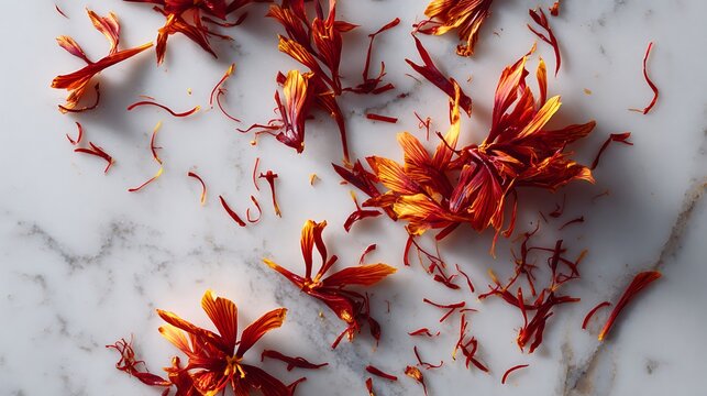 Vibrant safflower petals on marble surface close up view with warm lighting