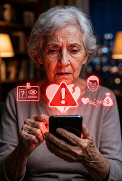 Worried senior woman looking at smartphone with red warning icons, romance scam and identity theft concept, elderly cyber fraud and privacy risk awareness.
