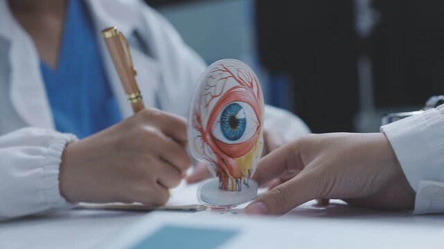 Doctors discuss eye health using an anatomical eye model during a medical consultation, reviewing documents and explaining details on a desk.