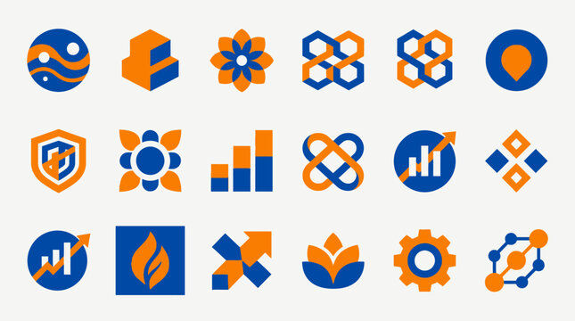 Abstract geometric icons representing concepts like growth, data, and security