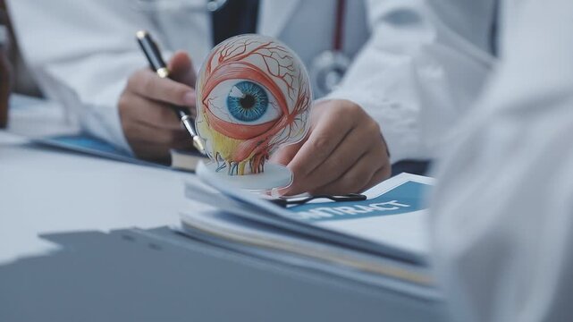 Doctors discuss eye health using an anatomical eye model during a medical consultation, reviewing documents and explaining details on a desk.