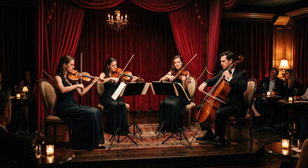Fototapeta premium String quartet performing chamber music in intimate salon.generative AI