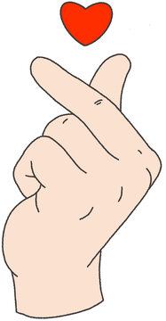 Korean finger heart gesture illustration with a small red heart symbol