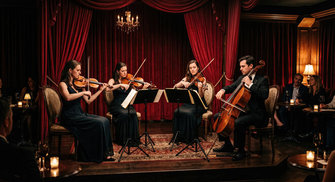 String quartet performing chamber music in intimate salon.generative AI