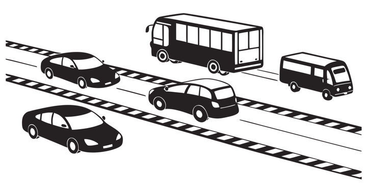 Monochromatic silhouette illustration of vehicles driving on a multi-lane highway a bus van cars in perspective view with city life rush hour main road automobile traffic road trip transportation