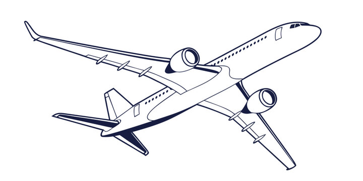 Commercial passenger jet airplane flying upwards line art illustration with air travel business travel air transport air cargo airplane aircraft passenger commercial aviation airliner
