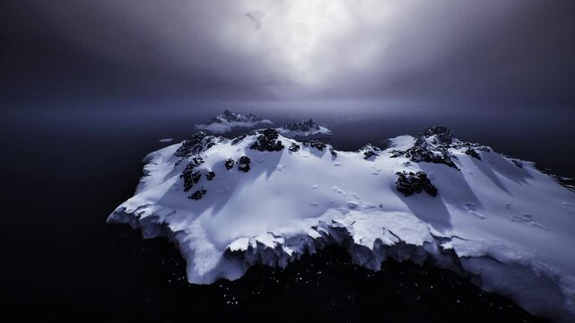 snowladen island beneath heavy midnight clouds, expansive dark ocean surrounds, highcontrast highlights on icy outcrops, cinematic mood suitable for moody