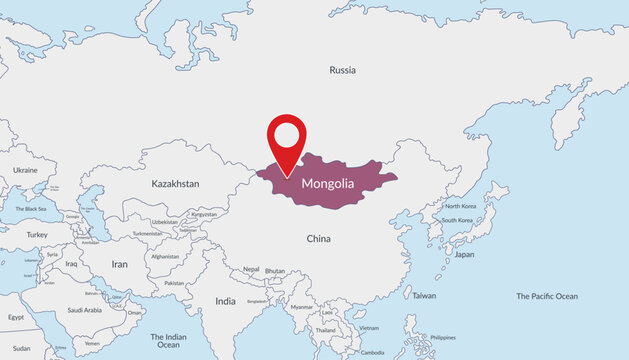 Mongolia on political map with location marker3. Travel concept. Vector flat template.