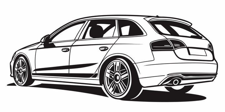 Elegant station wagon car side rear view in black and white line art illustration modern family vehicle design vector four door white background automotive practical transport transportation