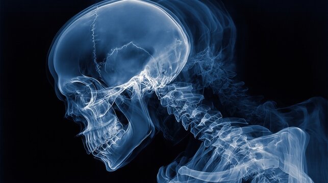 X-ray style illustration with semi-transparent layers, skeletal system emphasized with faint soft tissue shadows, cranial and limb structure differences associated with Cornelia de Lange Syndrome