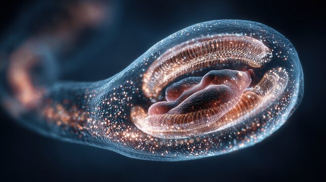 Detailed medical illustration of fetus in womb with semi-transparent layers, glowing DNA strands highlighting genetic screening process for Cornelia de Lange Syndrome 