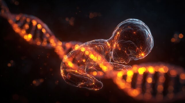 Detailed medical illustration of fetus in womb with semi-transparent layers, glowing DNA strands highlighting genetic screening process for Cornelia de Lange Syndrome 