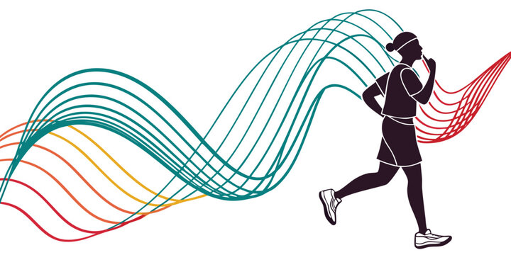 Dynamic silhouette of a female runner in motion with flowing colorful wave lines representing energy and movement graphic design sports background exercise movement silhouette lifestyle