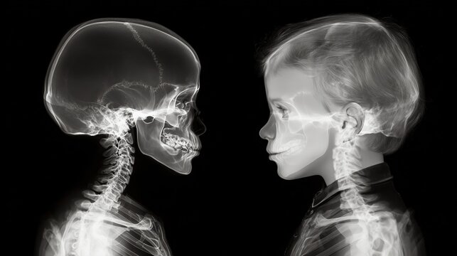 Split-screen X-ray style comparison: left side normal child skeleton, right side child with Cornelia de Lange Syndrome showing subtle skeletal and craniofacial differences, precise anatomical alignmen