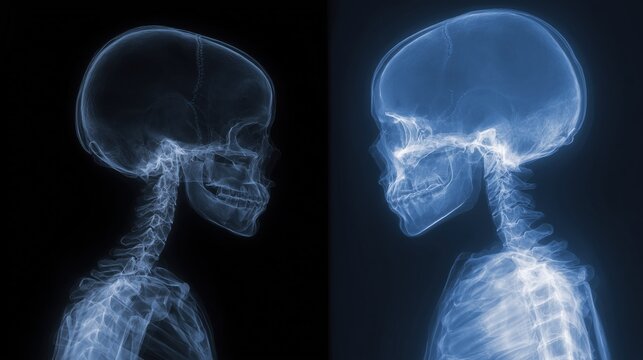 Split-screen X-ray style comparison: left side normal child skeleton, right side child with Cornelia de Lange Syndrome showing subtle skeletal and craniofacial differences, precise anatomical alignmen