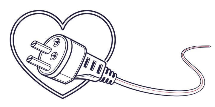 Heart outline with electrical plug and power cord symbolizing love for technology and energy line art power supply three pin energy conservation green energy electricity technology connection