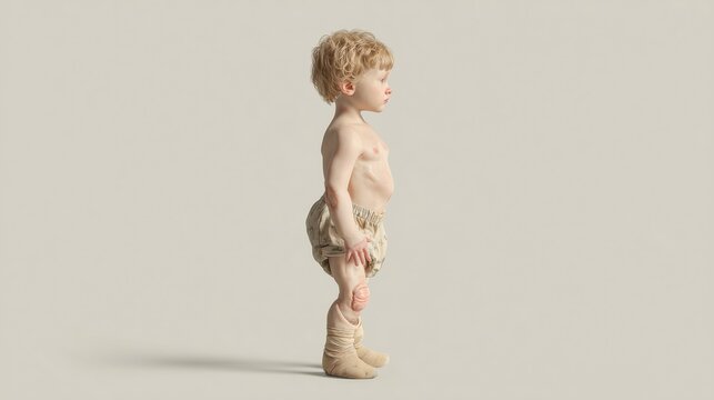 Medical illustration of a child with Cornelia de Lange Syndrome, full body view showing limb differences and growth delay, accurate anatomy, neutral pose
