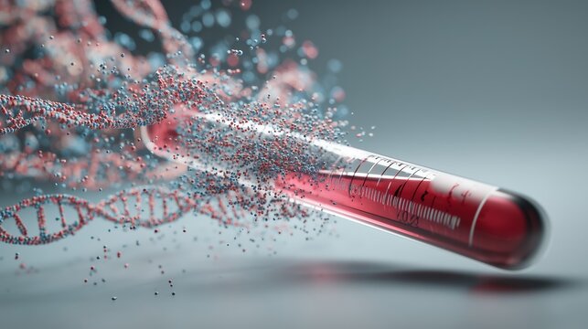 Close-up of blood sample tube labeled for prenatal genetic screening, floating DNA strands and data visualization indicating analysis for Cornelia de Lange Syndrome