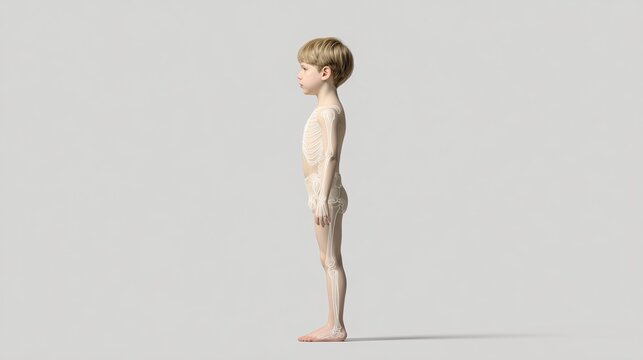 Medical illustration of a child with Cornelia de Lange Syndrome, full body view showing limb differences and growth delay, accurate anatomy, neutral pose