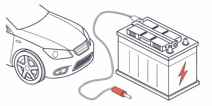 Line art illustration showing a car connected to a high capacity battery for charging and jump start automotive service concept with charging automotive electricity maintenance transport electric