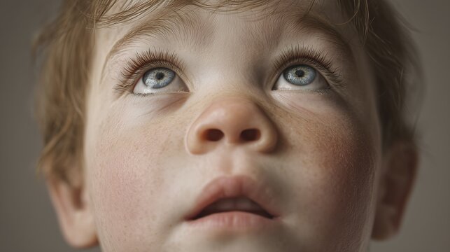 Medical illustration of a child with Cornelia de Lange Syndrome, detailed facial morphology including synophrys (connected eyebrows), long eyelashes, short nose and thin upper lip, neutral expression