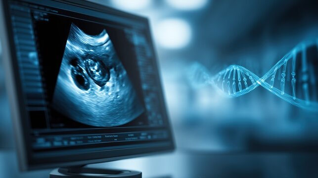 Prenatal screening illustration, close-up of ultrasound monitor showing fetus in womb, subtle DNA helix overlay indicating genetic analysis for Cornelia de Lange Syndrome