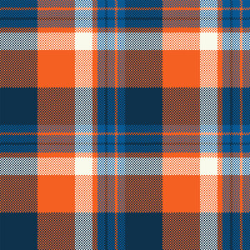 A dynamic blue and orange tartan pattern with a unique pixelated weave. Ideal for highcontrast fashion backgrounds, cozy home decor designs, or eyecatching digital scrapbooking projects.