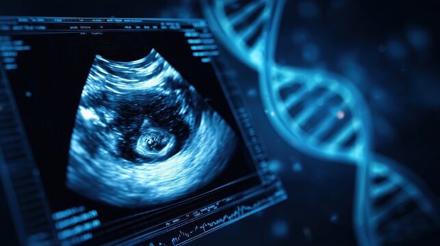 Prenatal screening illustration, close-up of ultrasound monitor showing fetus in womb, subtle DNA helix overlay indicating genetic analysis for Cornelia de Lange Syndrome