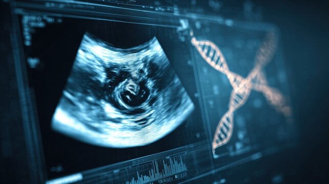 Prenatal screening illustration, close-up of ultrasound monitor showing fetus in womb, subtle DNA helix overlay indicating genetic analysis for Cornelia de Lange Syndrome