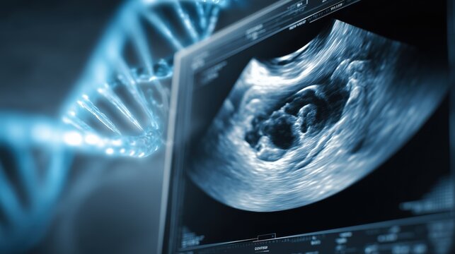 Prenatal screening illustration, close-up of ultrasound monitor showing fetus in womb, subtle DNA helix overlay indicating genetic analysis for Cornelia de Lange Syndrome