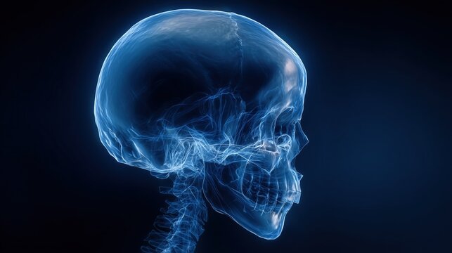 X-ray style illustration of a child skull with subtle craniofacial characteristics associated with Cornelia de Lange Syndrome, high-detail bone structure, soft blue radiographic glow