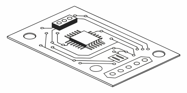 Isometric electronic sensor module line art with integrated circuit and terminal pins for hardware development and automation technology electronic technology hardware isometric illustration