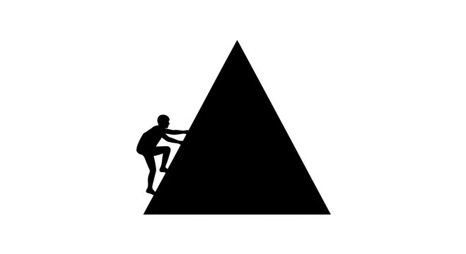 Silhouette of determined hiker pushing against steep mountain slope during challenging ascent at dusk