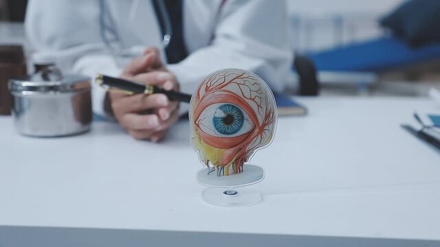 Doctors discuss eye health using an anatomical eye model during a medical consultation, reviewing documents and explaining details on a desk.