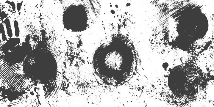 Abstract Black and White Grunge Texture Background with Handprints and Ink Splatters Vector Illustration