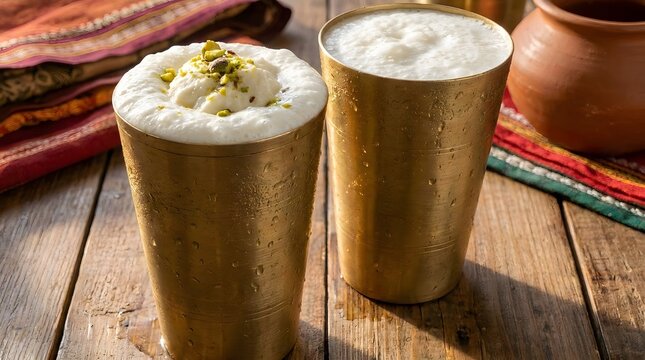 Frothy Yogurt Drink with Clotted Cream and Pistachios in Metal Cups