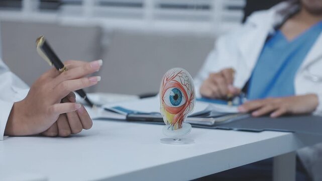 Doctors discuss eye health using an anatomical eye model during a medical consultation, reviewing documents and explaining details on a desk.
