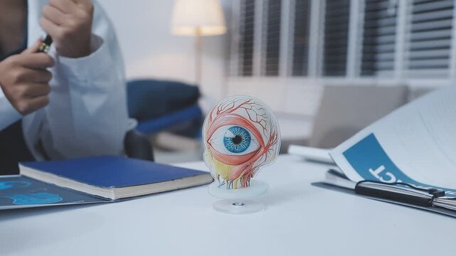 Doctors discuss eye health using an anatomical eye model during a medical consultation, reviewing documents and explaining details on a desk.