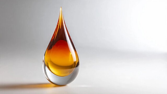 Elegant teardrop-shaped glass sculpture with a translucent amber core on a minimalist light gray background with soft shadows.