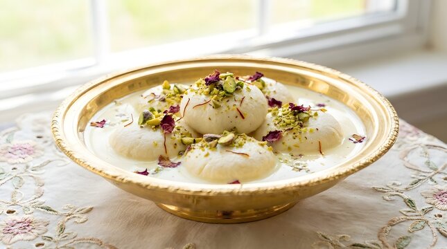 Authentic Bengali Ras Malai in Elegant Gold Dish Top View