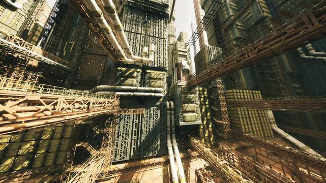 Massive transport artery with layered pipes and transit channels, sense of kinetic flow emphasized by converging lines and structural rhythm, industrial palette