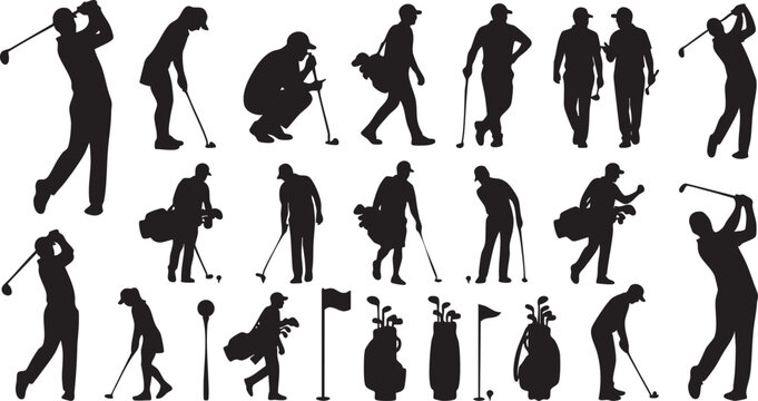Golf Player Silhouettes Set, Men and Women Golfers in Various Poses