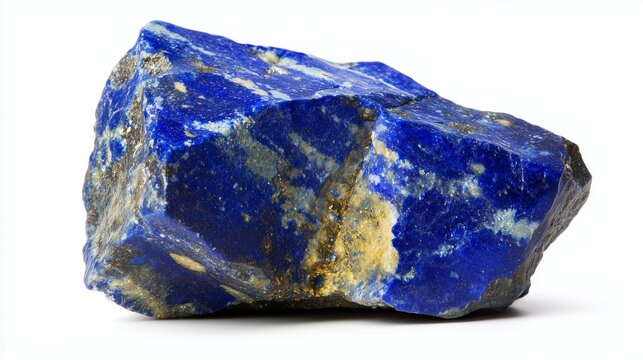 Lapis lazuli stone, deep blue with golden pyrite flecks isolated on white background