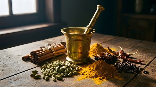 Cinematic Raw Spices with Mortar and Pestle